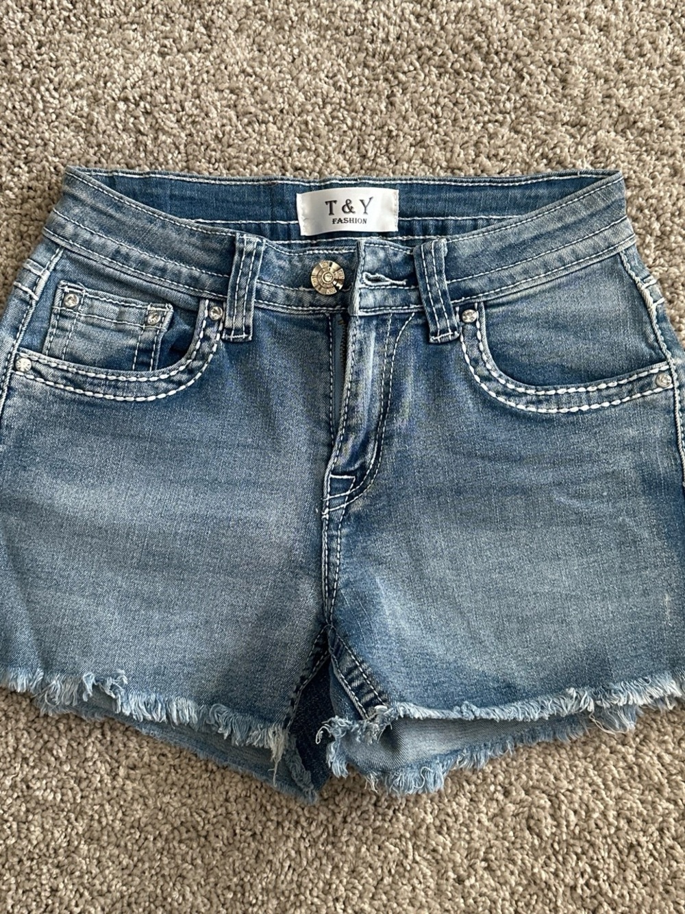 Women's Blue Distressed Denim Shorts with Cross Detailing Size 7/8
